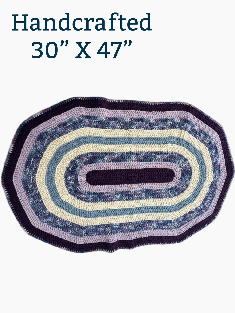 "Handmade Oval Crochet Rug - Purple, Blue, and Cream Accent Mat (30" x
47")"